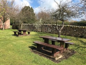 Photo of benches in the orchard